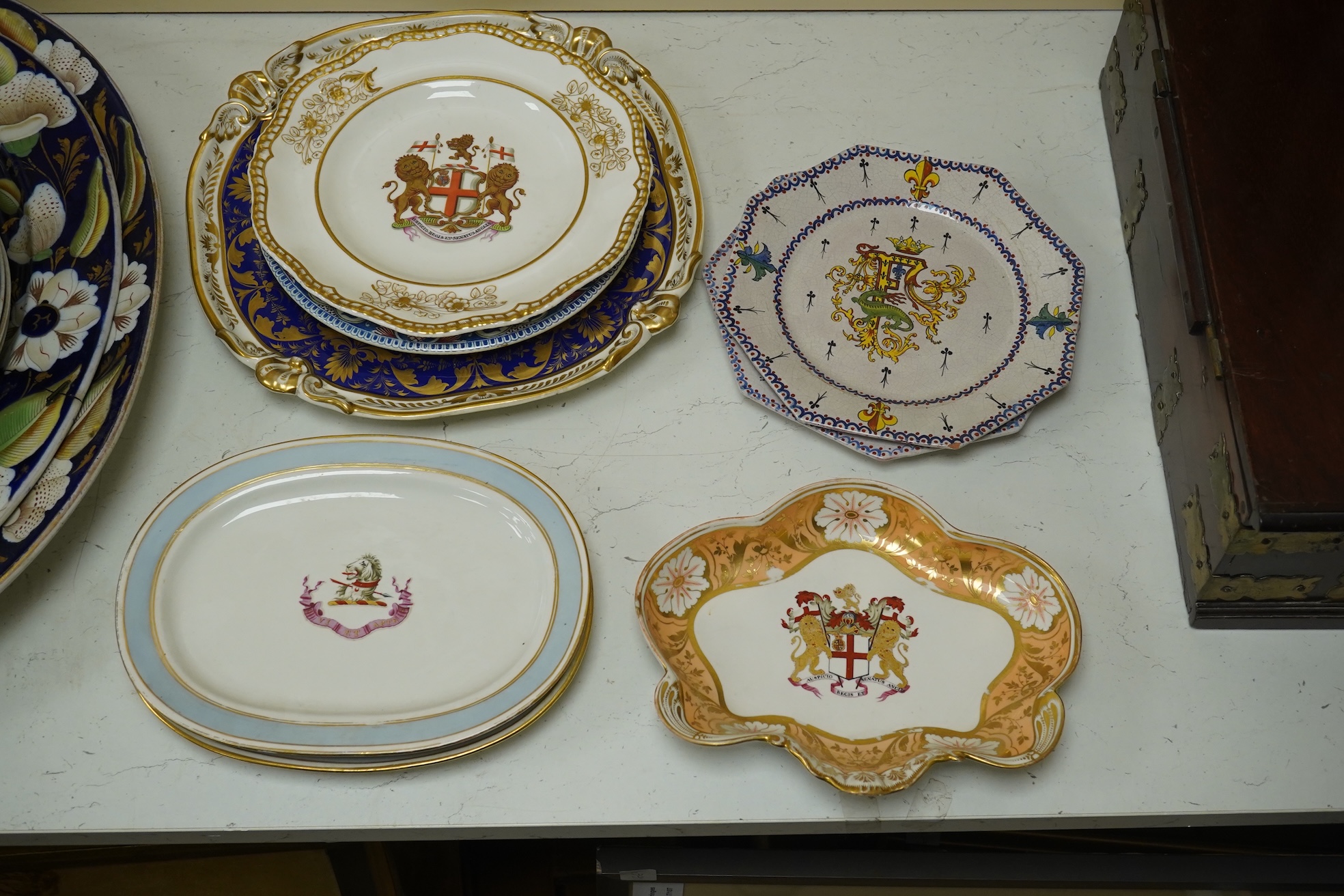 A Chamberlains Worcester armorial dessert dish, and a Spode armorial plate ‘The London’, c.1825 (produced for the Captain of the Ship 'The London’), both bearing the arms of the British East India Company, together with